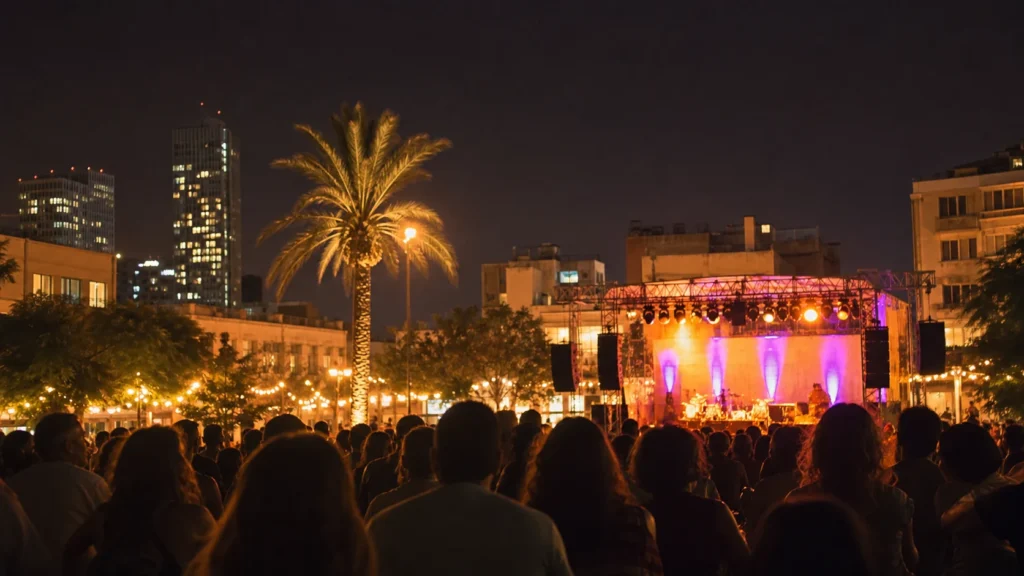 קהל צופה במופע מוזיקה פתוח בכיכר עירונית בלילה