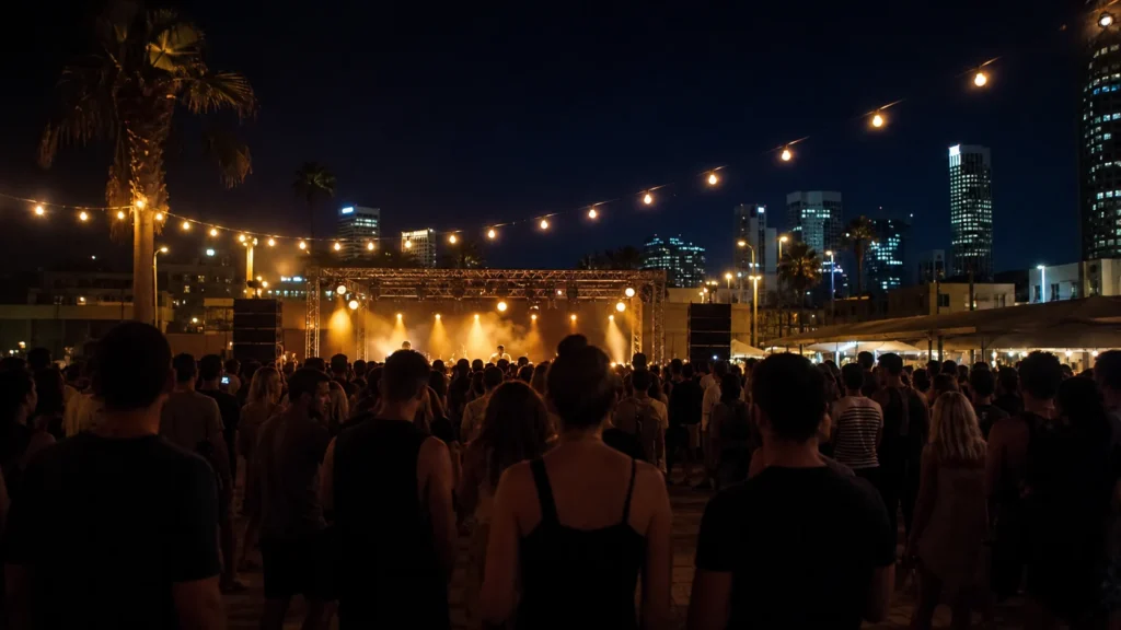 קהל בהופעה פתוחה בלילה, עם במה מוארת וברקע בנייני עיר