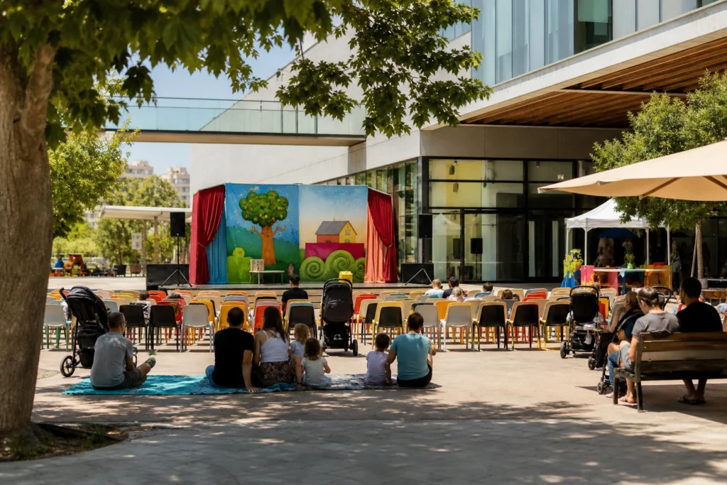 במה צבעונית קטנה וכיסאות מול קהל משפחות ברחבת מרכז קהילתי