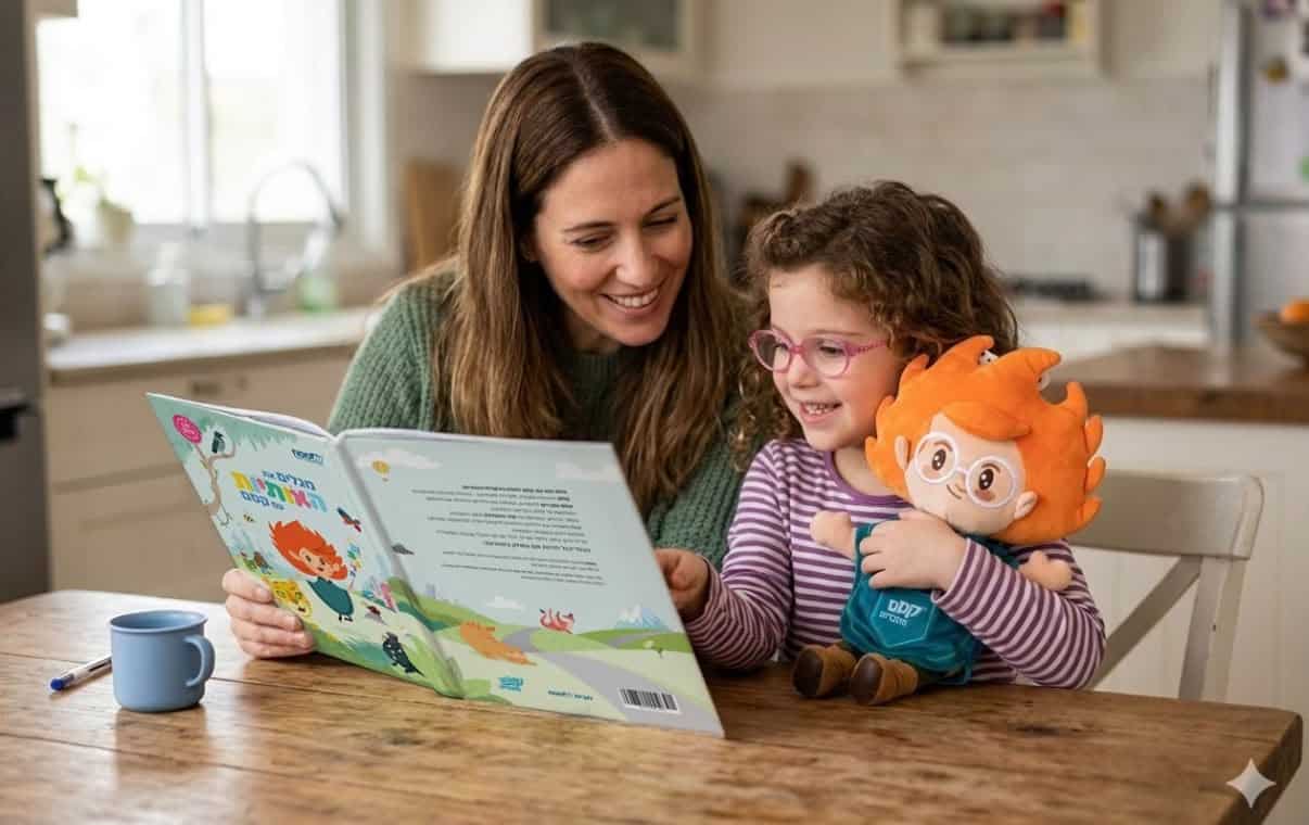 אישה וילדה קוראות ספר ליד שולחן עם בובה כתומה