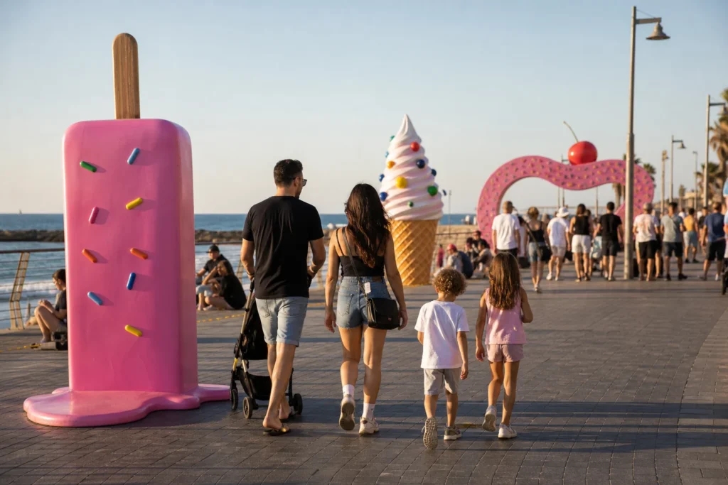 משפחה מטיילת בטיילת ליד מיצבי קינוחים צבעוניים מול הים