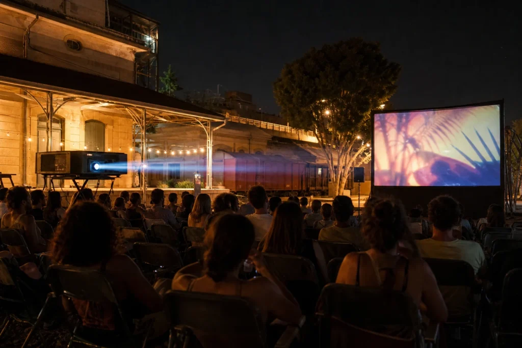 קהל צופה בהקרנת קולנוע קיץ פתוחה ליד מבני תחנת רכבת היסטורית