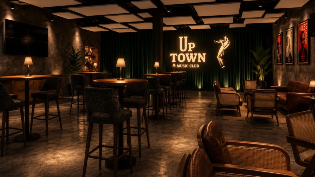 הדמיית פנים של UpTown Music Club עם שולחנות, כורסאות ושלט מואר של המועדון
