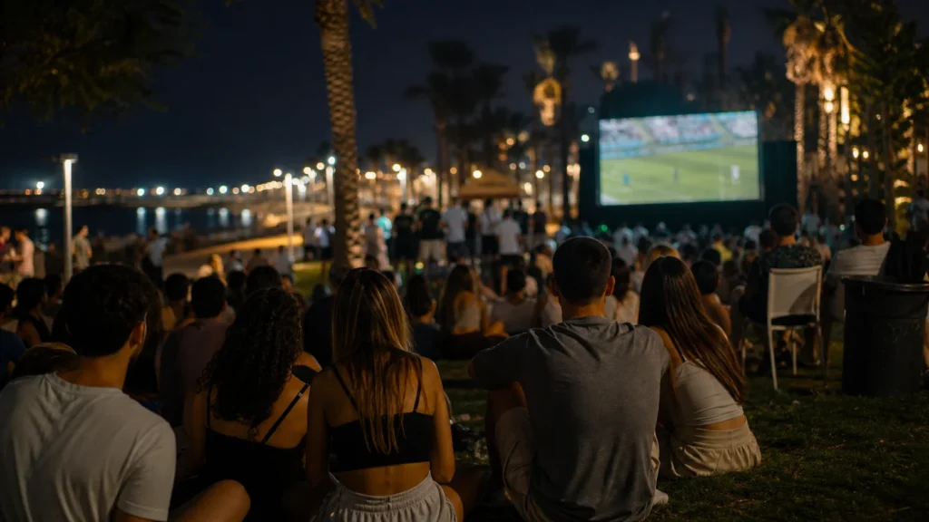 קהל יושב בפארק ליד הים וצופה במסך כדורגל גדול בלילה