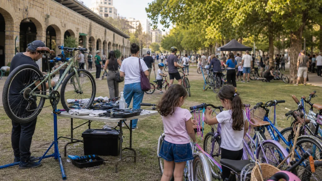 משפחות מתקנות ומקשטות אופניים ביריד פתוח בפארק עירוני / Families repairing and decorating bicycles at an outdoor urban park fair