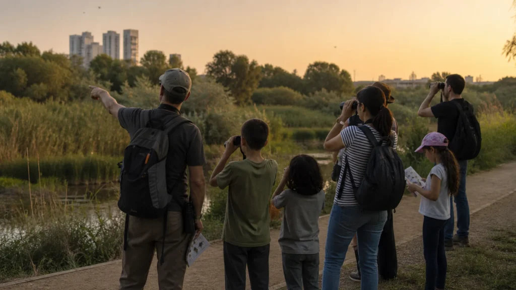 משפחות צופות בציפורים בעזרת משקפות בפארק ירוק בשעת שקיעה