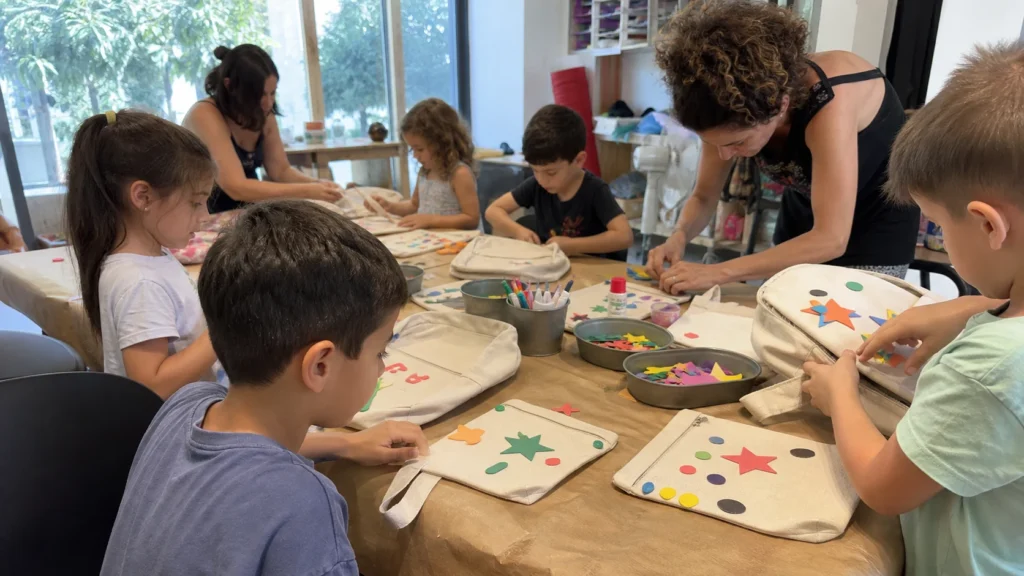 ילדים מקשטים קלמרים ותיקי בד בסדנת יצירה קהילתית