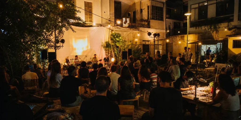 קהל יושב בחצר עירונית מוארת בערב מול במה קטנה ושולחנות פעילות