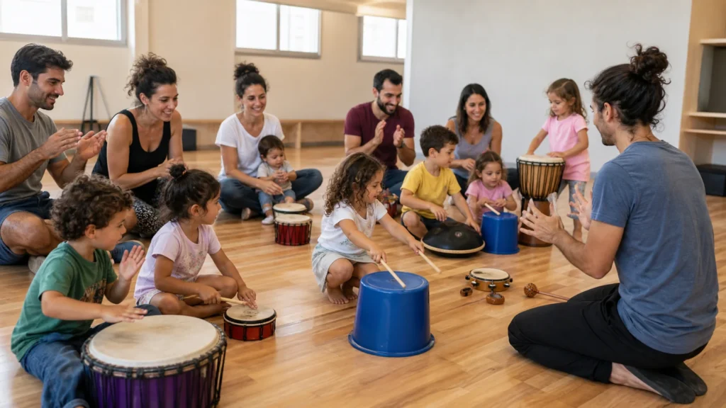 ילדים והורים משתתפים בסדנת קצב עם תופים וכלי הקשה בחדר קהילתי / Children and parents playing drums and percussion instruments during a community rhythm workshop