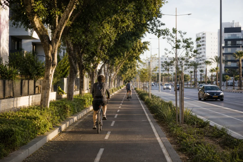 רוכבי אופניים נוסעים בשביל אופניים עירוני לצד עצים ובניינים