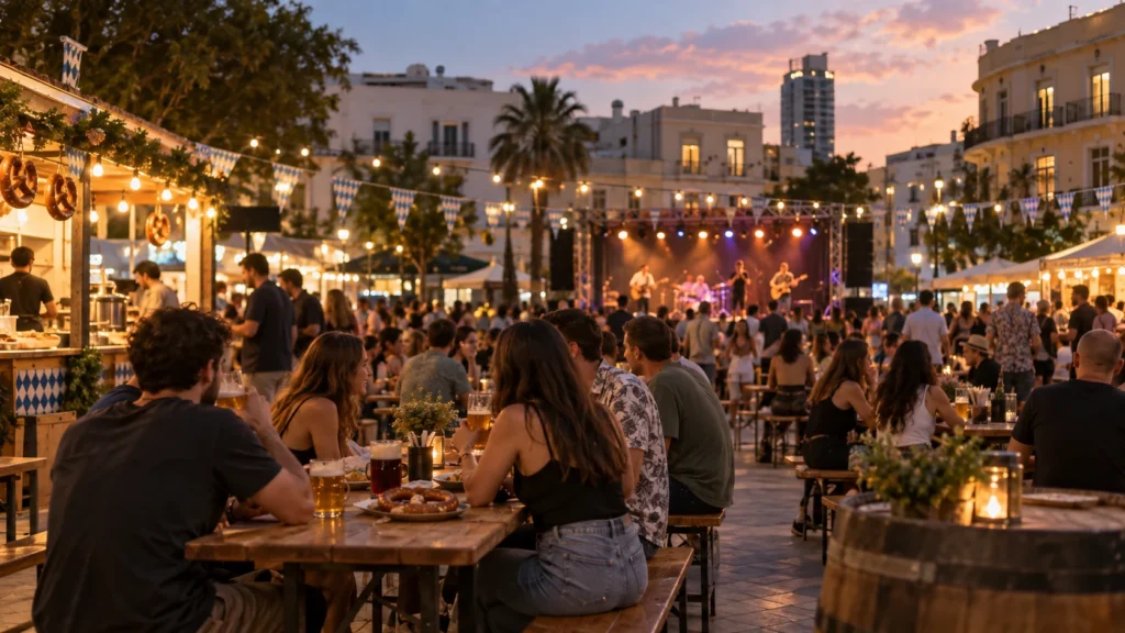 שולחנות ארוכים עם כוסות בירה ודוכנים בכיכר עירונית בערב