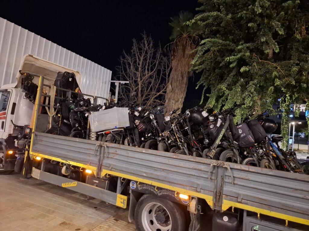 A truck loaded with electric bicycles and scooters seized during an operation in Jaffa