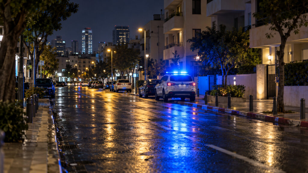 A police vehicle on a Tel Aviv street at night, illustrative image