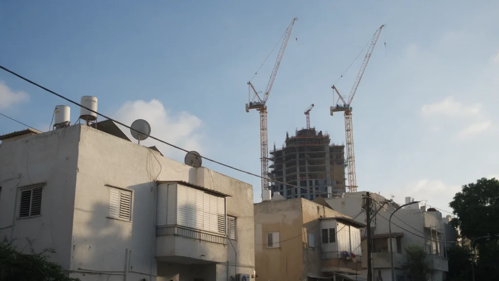 מבני מגורים ישנים ומאחוריהם בניין רב קומות בבנייה ושני עגורנים