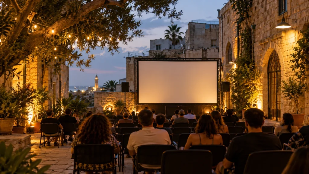 קהל יושב מול מסך קולנוע פתוח בחצר אבן בשעת ערב