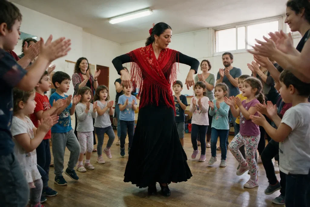 רקדנית פלמנקו בחצאית שחורה וצעיף אדום מובילה סדנת קצב לילדים והורים שמוחאים כפיים